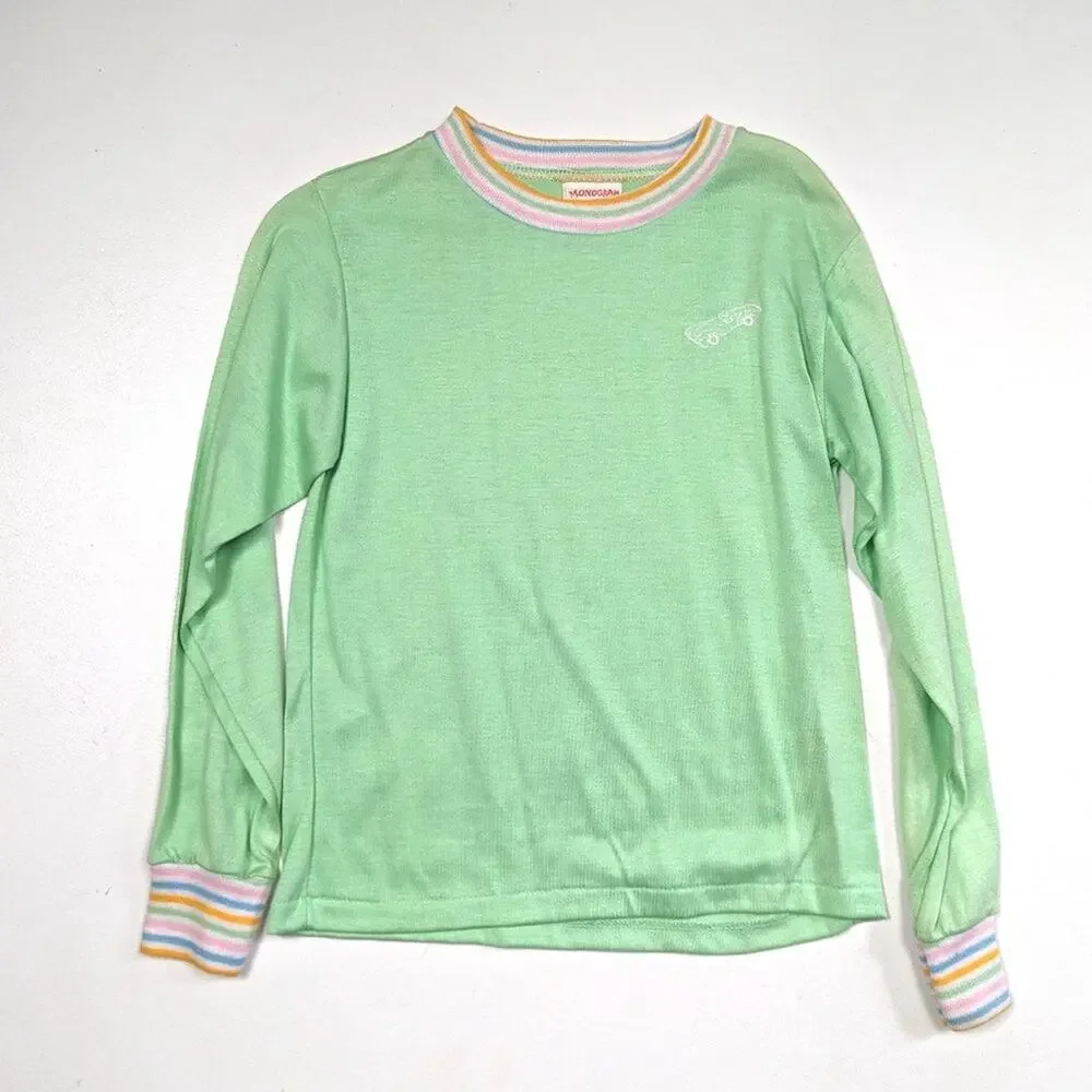 Vintage Monogram Shirt Girls Size 6 Pastel Green Long Sleeve Rainbow Car